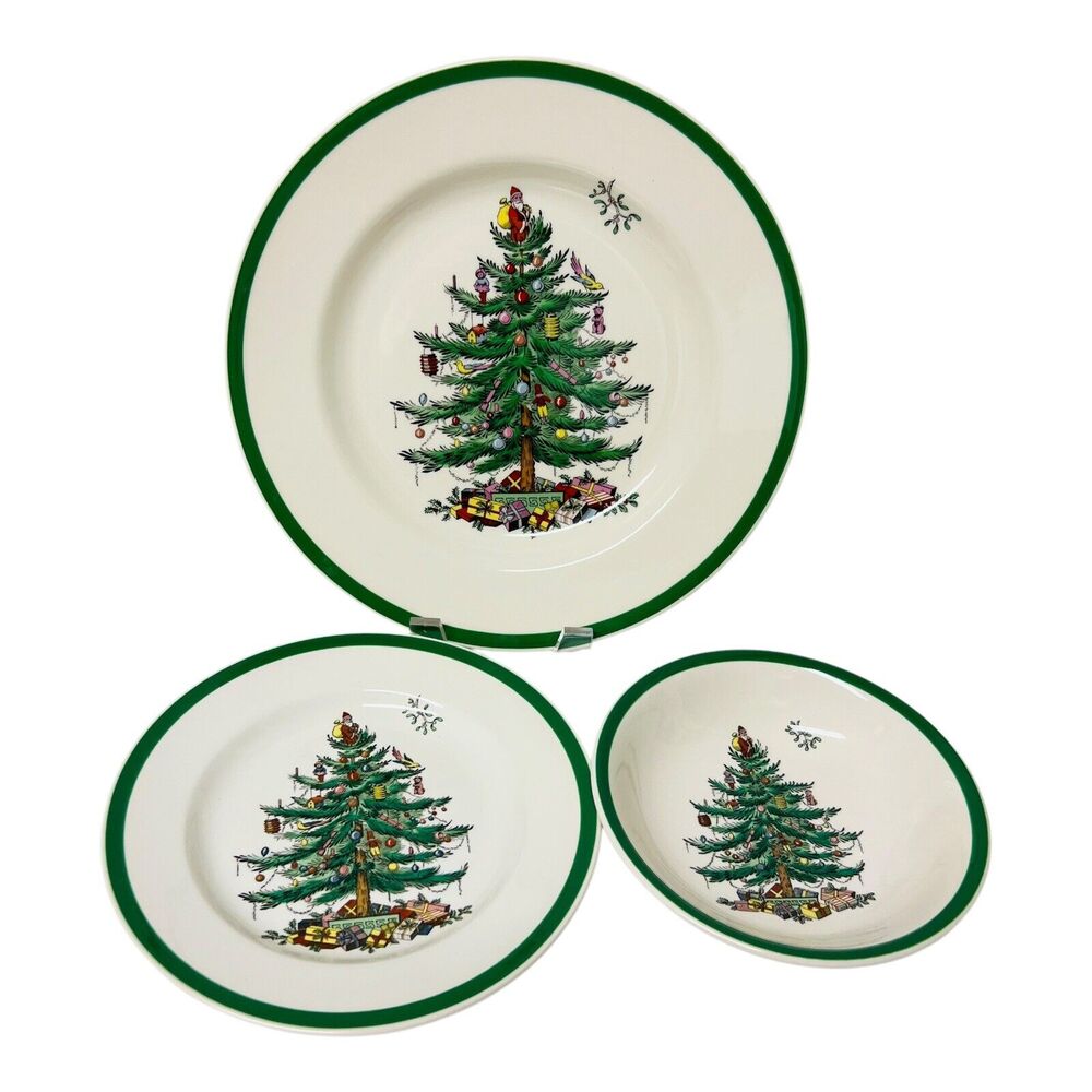 Spode Christmas Tree Stoneware 3 Pc Set Dinner Saucer Plate Bowl NO MUG Box